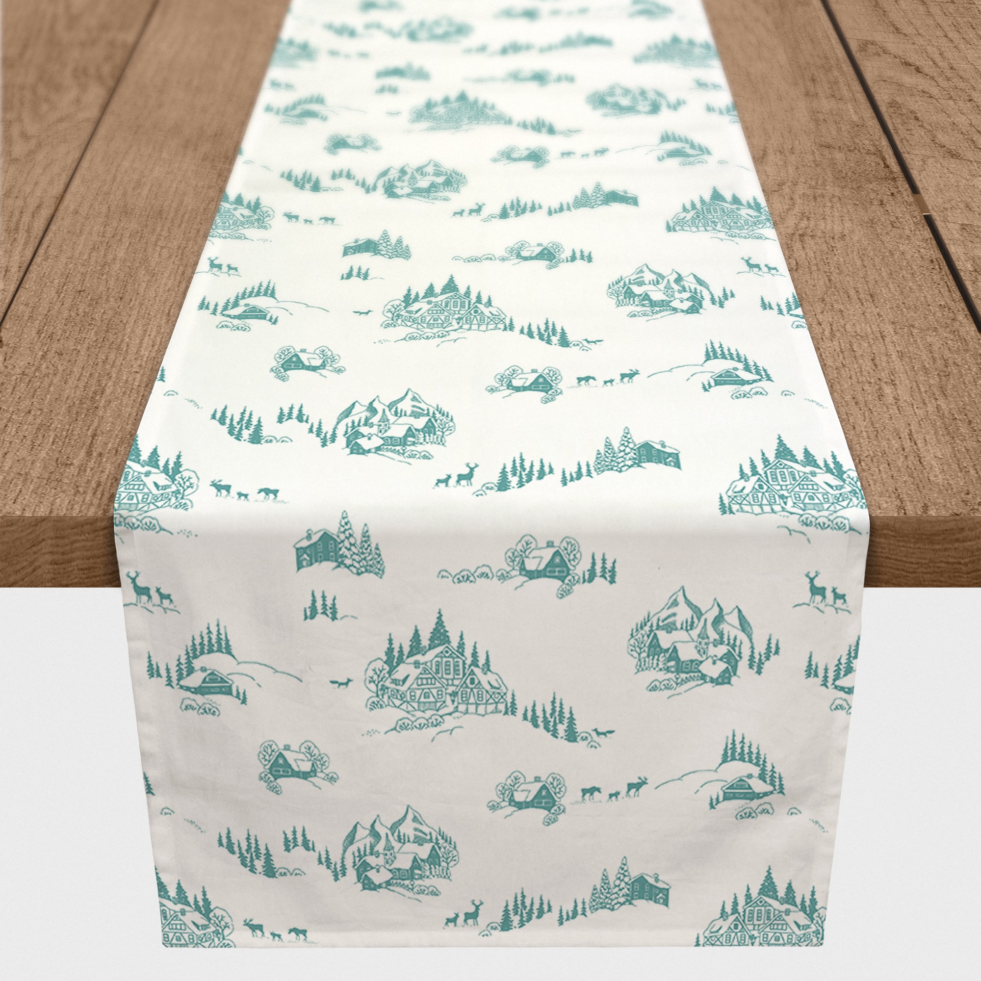 Snowy Town Teal 16x72 Poly Twill Table Runner